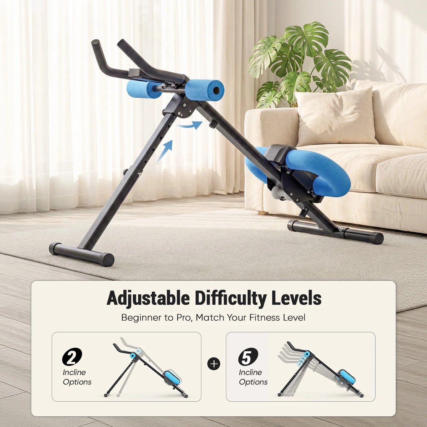 Adjustable Ab Machine for Home Gym, Foldable Ab Workout Equipment with Knee Protection & LCD Monitor, Core & Stomach Trainer, Black Blue