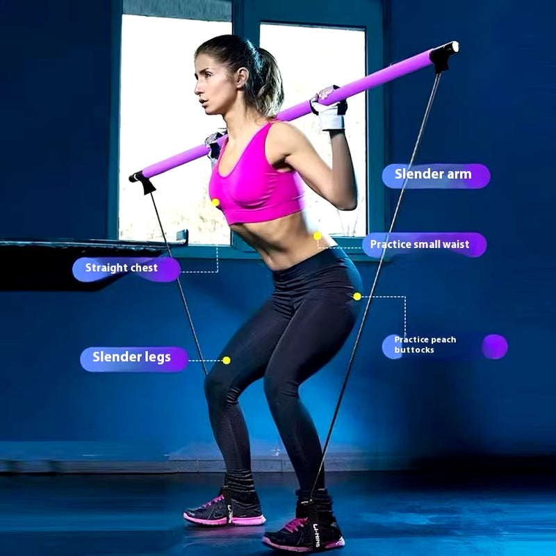 Pilates Stick - Adjustable Fitness Bar for Home Workout, Yoga, Stretching & Toning - Portable Exercise Rod with Elastic Bands