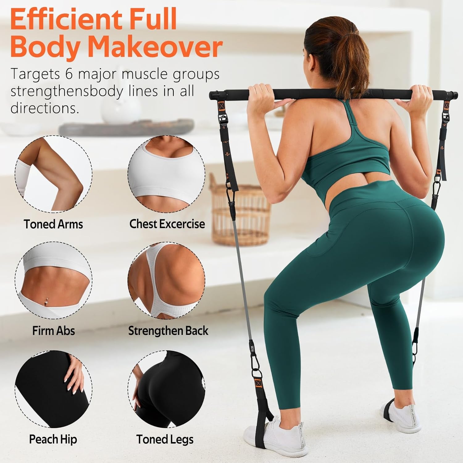 Pilates Bar Kit with Resistance Bands, Workout Equipment for Legs, Hip, Abs