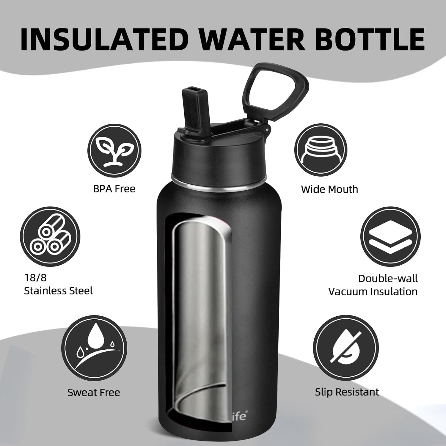 Insulated Water Bottle with Straw,32 Oz Vacuum Insulated Stainless Steel Sports Water Flask,Keeps Cold and Hot,Metal Water Bottle Wide Mouth for Gym Travel Camping (Black)