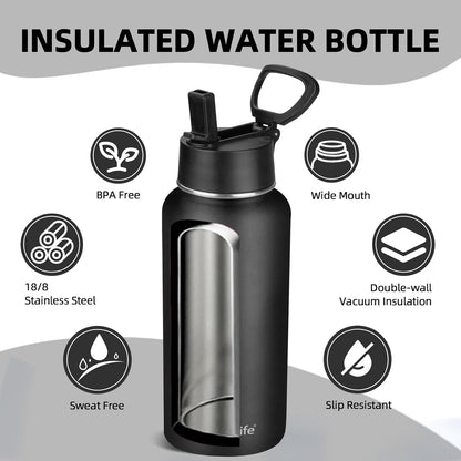 Insulated Water Bottle with Straw,32 Oz Vacuum Insulated Stainless Steel Sports Water Flask,Keeps Cold and Hot,Metal Water Bottle Wide Mouth for Gym Travel Camping (Black)