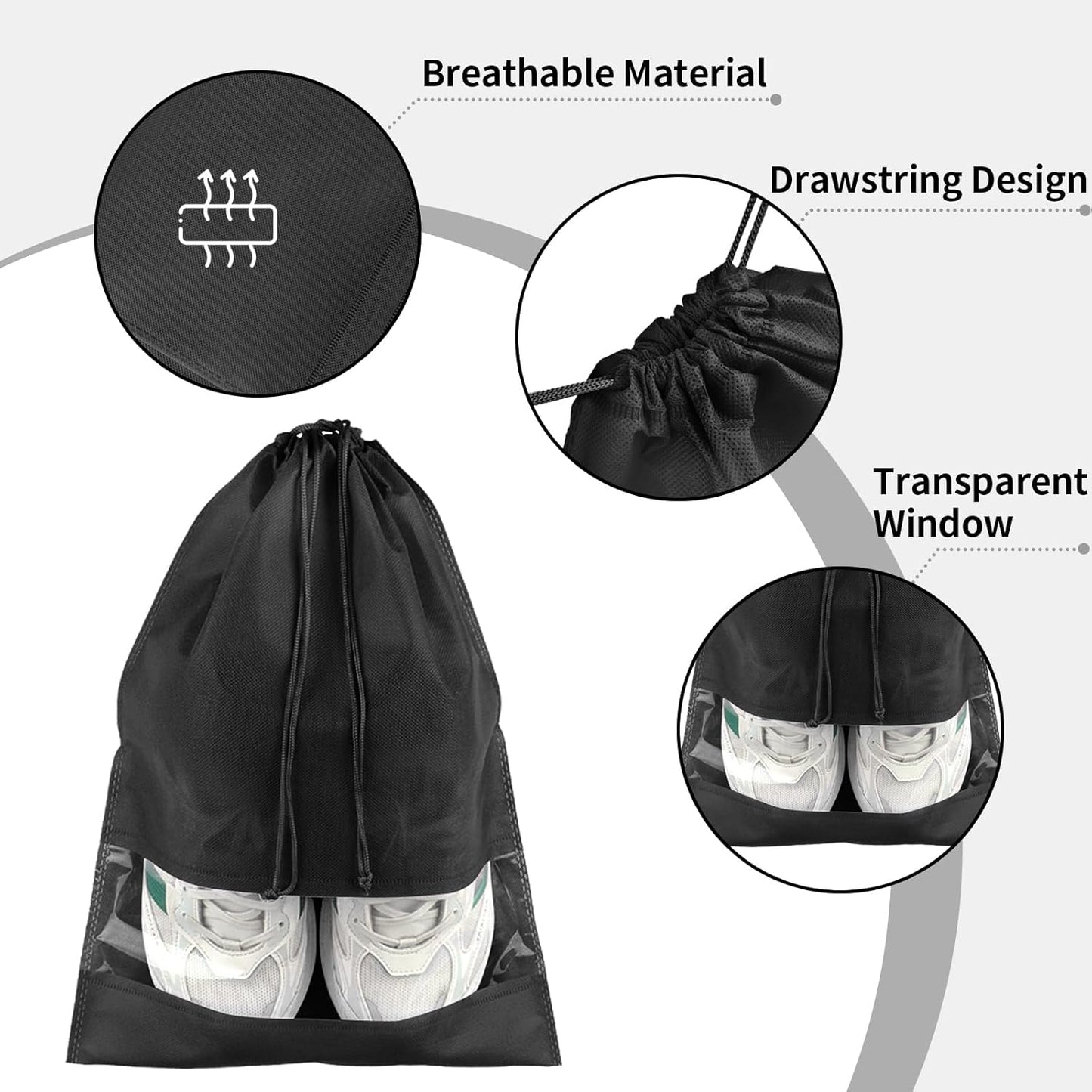 Black Travel Shoe Bags - 10 Pcs Non-Woven Packing Bags with Clear Window