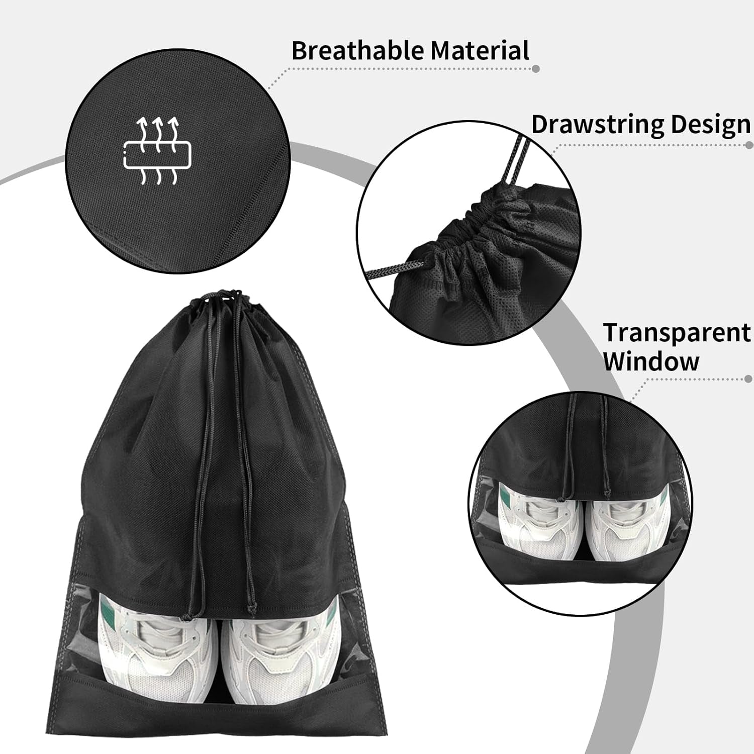 Black Travel Shoe Bags - 10 Pcs Non-Woven Packing Bags with Clear Window