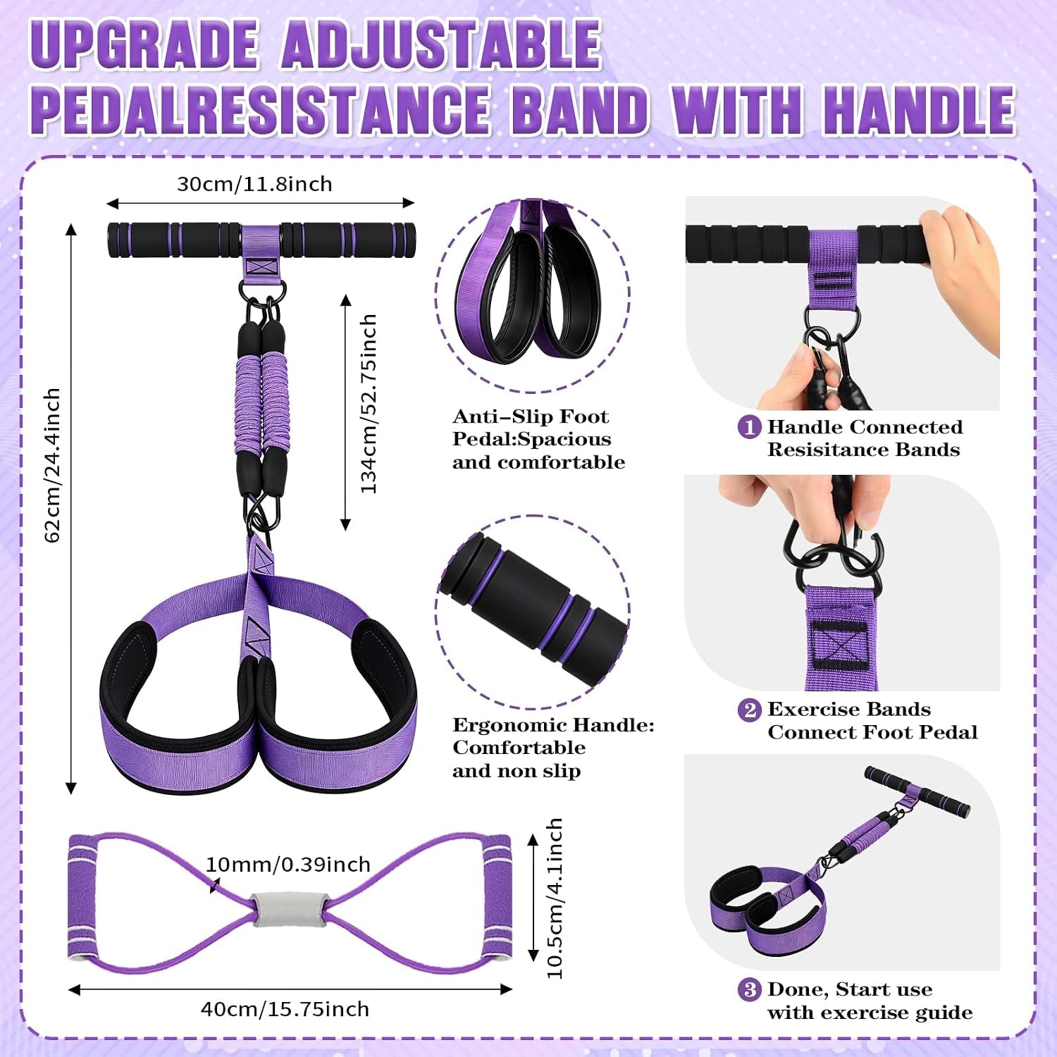 Upgraded Durable Pedal Resistance Band with Handle, 75LBS Adjustable 3 Tube Foot Pedal Device Puller Exercise Bands for Core, Abs, Waist, Legs, Arms, Sit up Exercise Equipment for Women