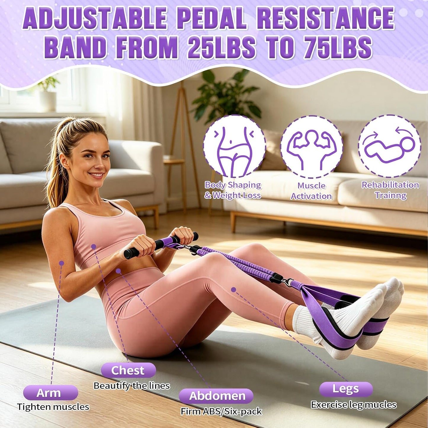 Upgraded Durable Pedal Resistance Band with Handle, 75LBS Adjustable 3 Tube Foot Pedal Device Puller Exercise Bands for Core, Abs, Waist, Legs, Arms, Sit up Exercise Equipment for Women