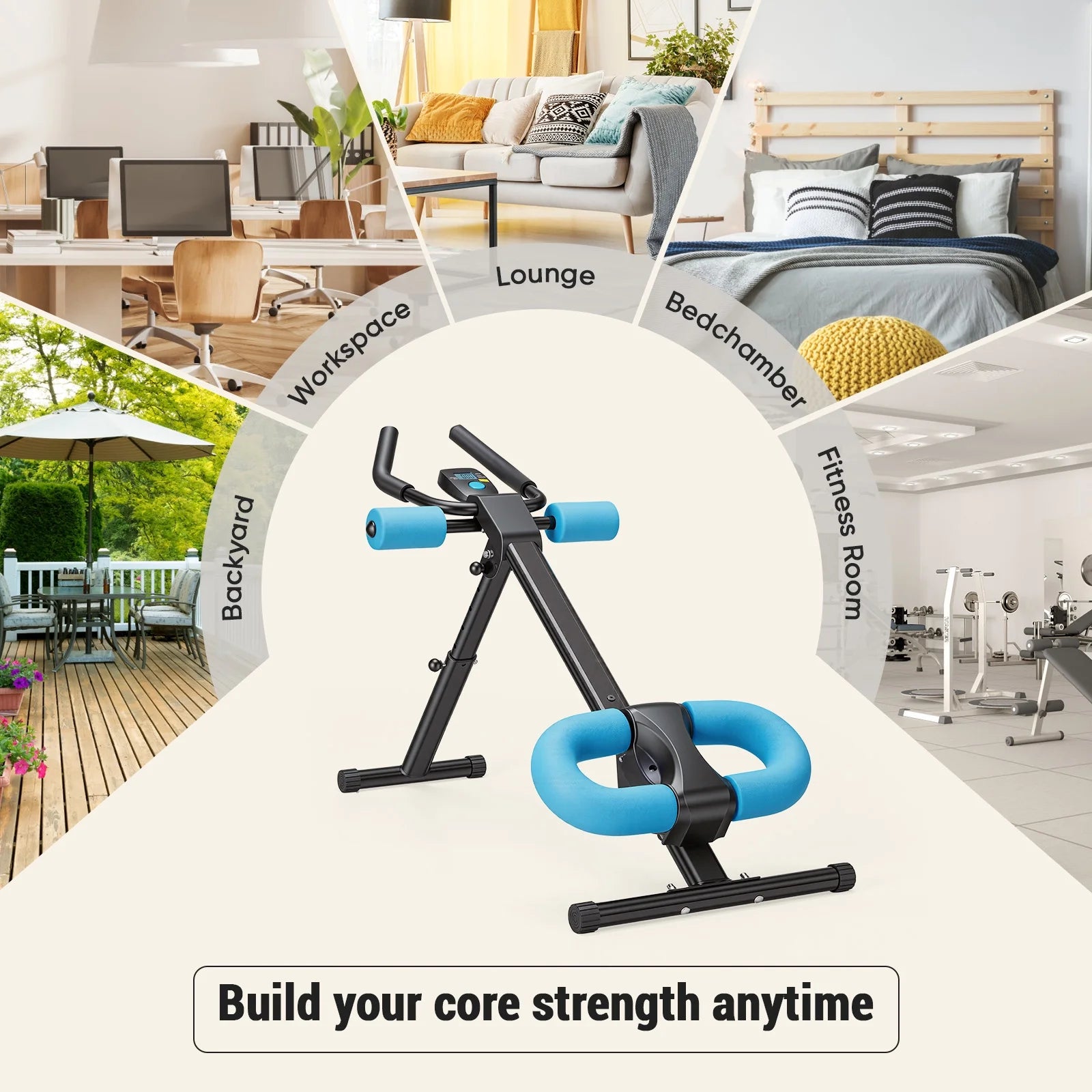 Adjustable Ab Machine for Home Gym, Foldable Ab Workout Equipment with Knee Protection & LCD Monitor, Core & Stomach Trainer, Black Blue