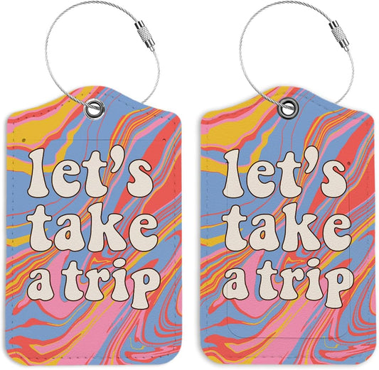 Luggage Tags for Suitcases, Girls Trip Groovy Luggage Tag, Cute Luggage Tags for Women, Preppy Color Luggage Tags, Let 'S Take a Trip, Back to School, Trendy Girly 2 Pack Travel Luggage Tags