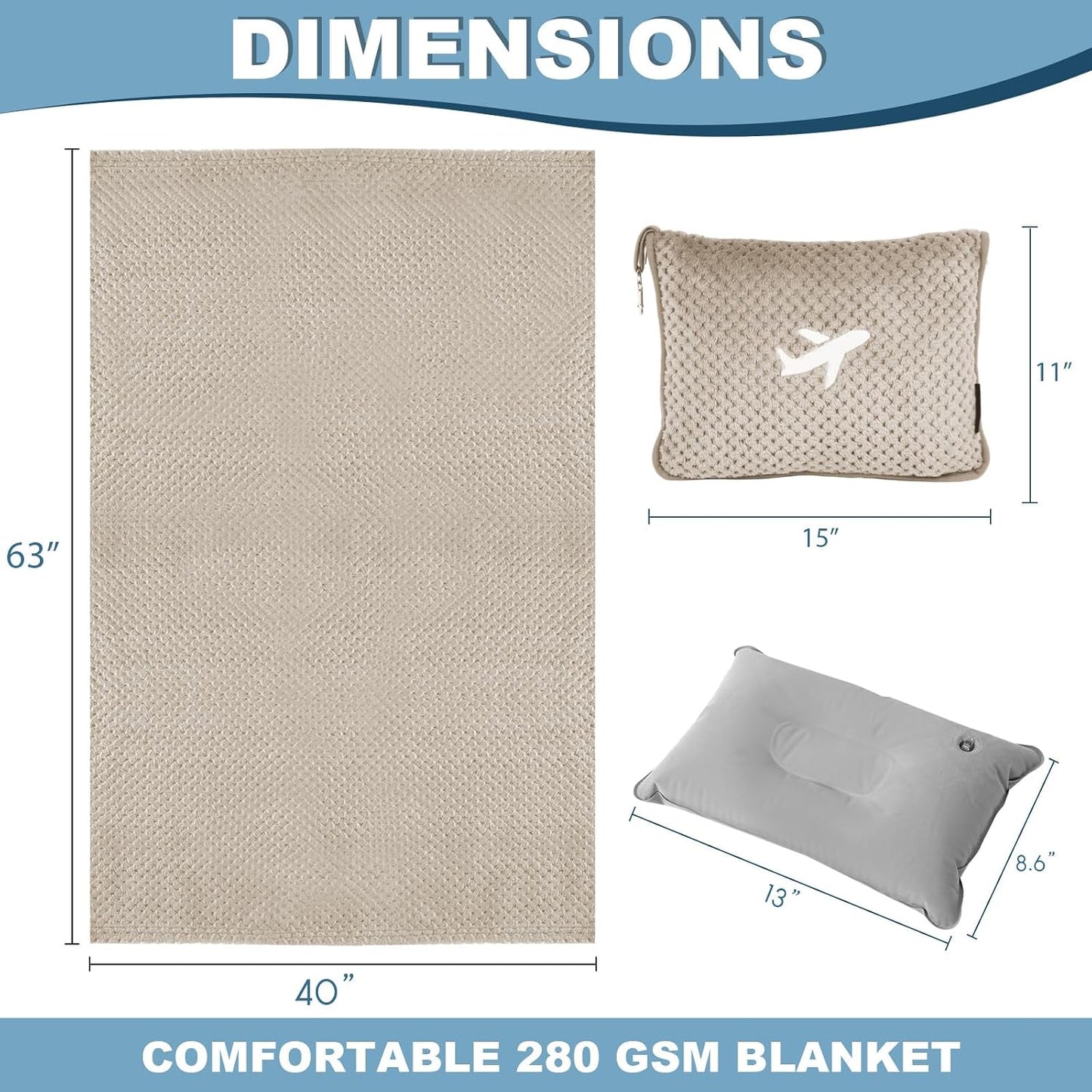 Travel Blanket Airplane Compact with Bag, Travel Essentials 3 in 1 Packable Airplane Blanket, Travel Pillow and Blanket Set, Inflatable Pillow, Luggage Sleeve & Backpack Clip (Camel)