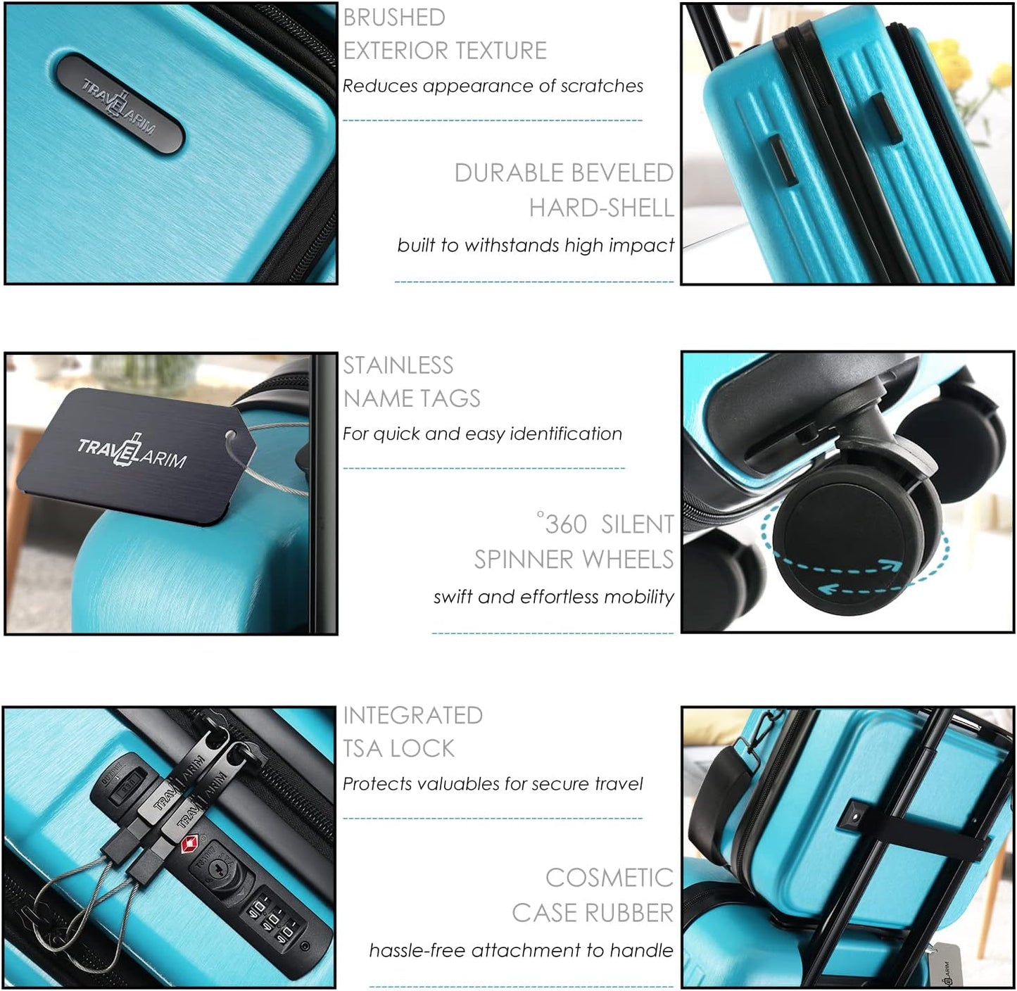 22 Inch Carry on Luggage, Carry on Suitcase with Wheels, Expandable Hardside Luggage Carry On, Teal Small Suitcase, Hard Shell Carry-On Luggage, Spinner Luggage with Cosmetic Carry on Bag