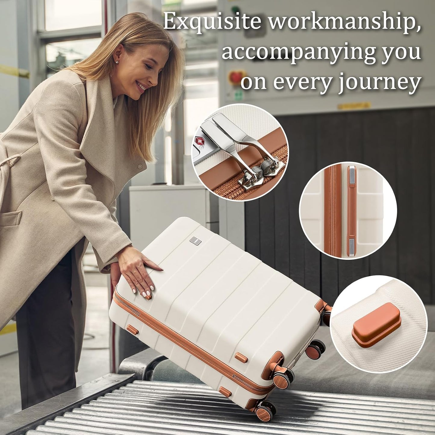 Hard Shell Luggage Sets 5 Piece for Women, Lightweight Hardside Rolling Suitcase Set with Spinner Wheels and TSA Lock, Beige