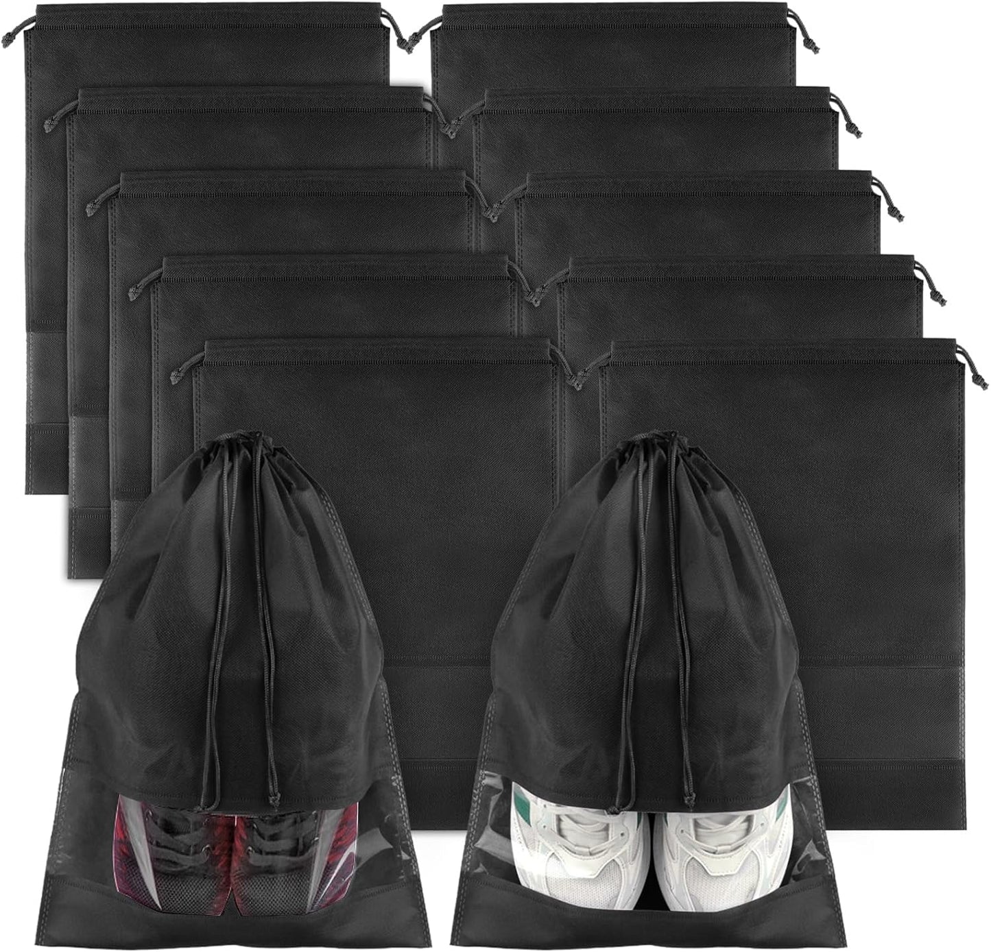 Black Travel Shoe Bags - 10 Pcs Non-Woven Packing Bags with Clear Window