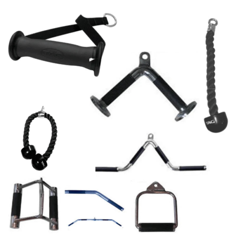 TAG Fitness ATT-ACCKIT 10 Piece Attachment Kit - Curl28, Row, Lat48, Multi, Tricep, Straight17, Single (2), Vbar and Rope24