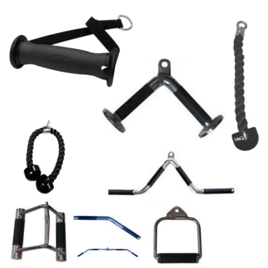 TAG Fitness ATT-ACCKIT 10 Piece Attachment Kit - Curl28, Row, Lat48, Multi, Tricep, Straight17, Single (2), Vbar and Rope24