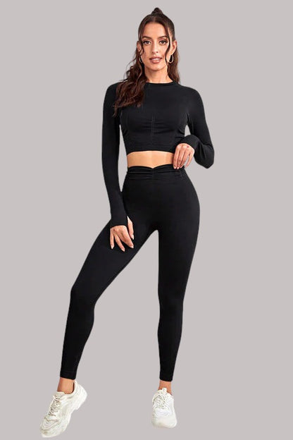 Ruched Round Neck Top and Active Leggings Set