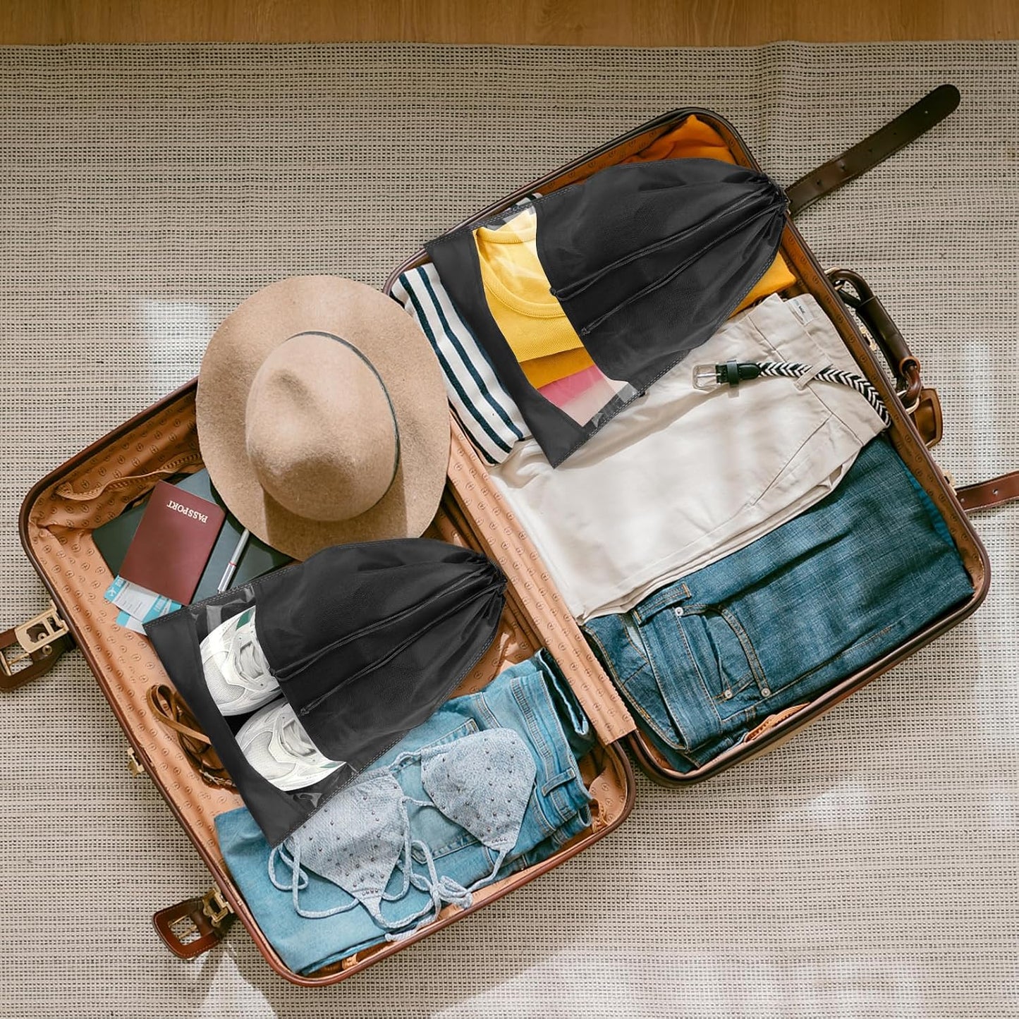 Black Travel Shoe Bags - 10 Pcs Non-Woven Packing Bags with Clear Window