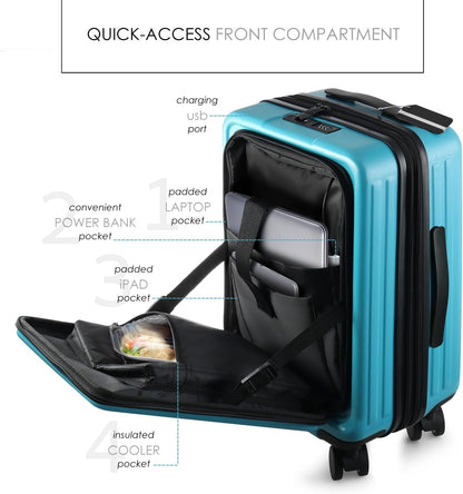 22 Inch Carry on Luggage, Carry on Suitcase with Wheels, Expandable Hardside Luggage Carry On, Teal Small Suitcase, Hard Shell Carry-On Luggage, Spinner Luggage with Cosmetic Carry on Bag