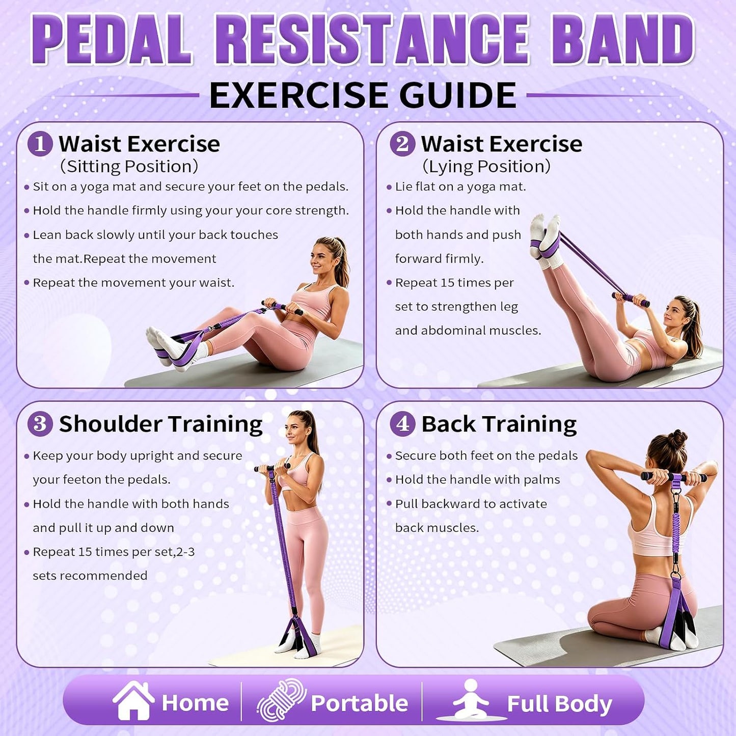 Upgraded Durable Pedal Resistance Band with Handle, 75LBS Adjustable 3 Tube Foot Pedal Device Puller Exercise Bands for Core, Abs, Waist, Legs, Arms, Sit up Exercise Equipment for Women