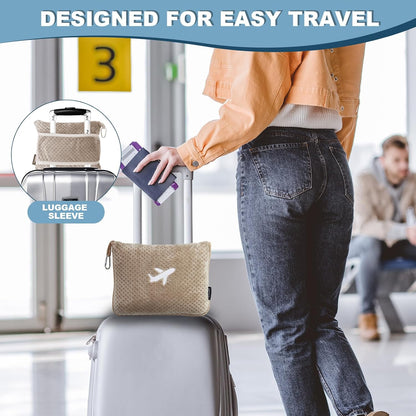 Travel Blanket Airplane Compact with Bag, Travel Essentials 3 in 1 Packable Airplane Blanket, Travel Pillow and Blanket Set, Inflatable Pillow, Luggage Sleeve & Backpack Clip (Camel)