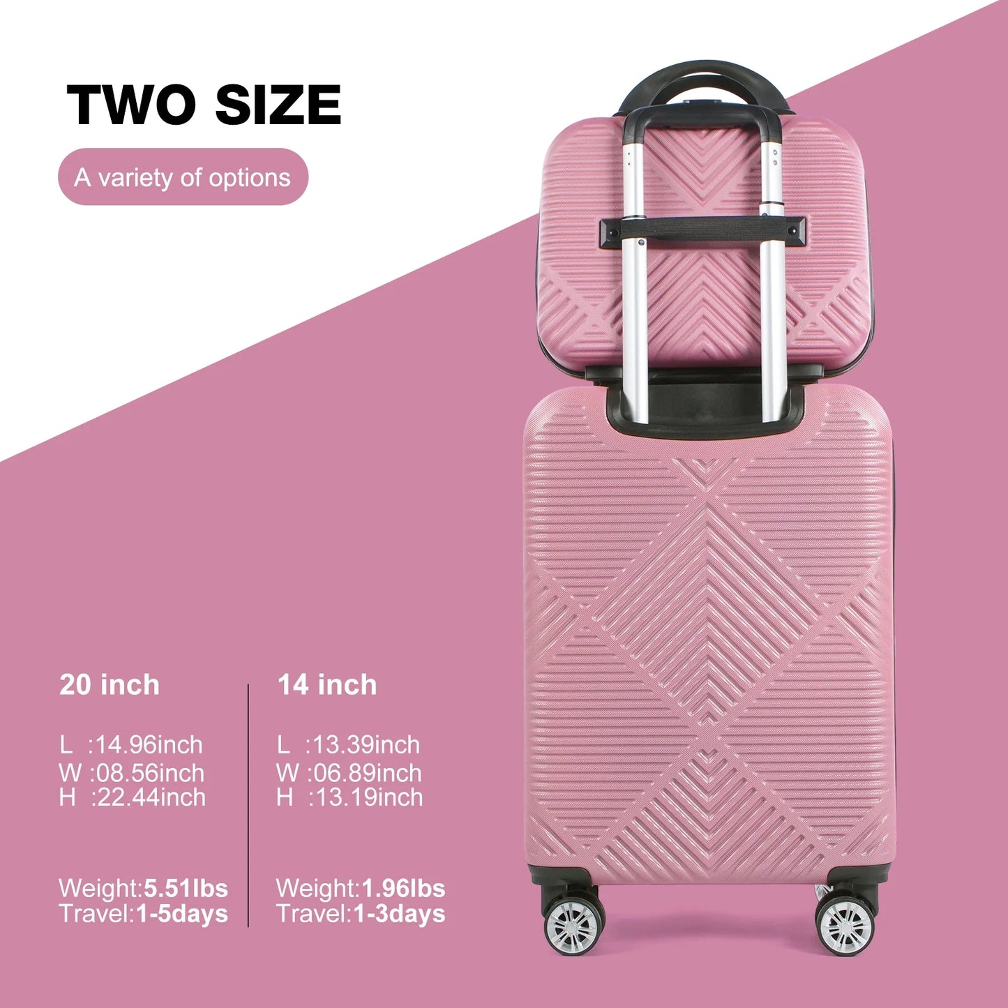 Luggage Sets 2 Piece Suitcase Set (14/20/)Hardside Suitcase with Spinner Wheels Lightweight Carry on Luggage(Pink)