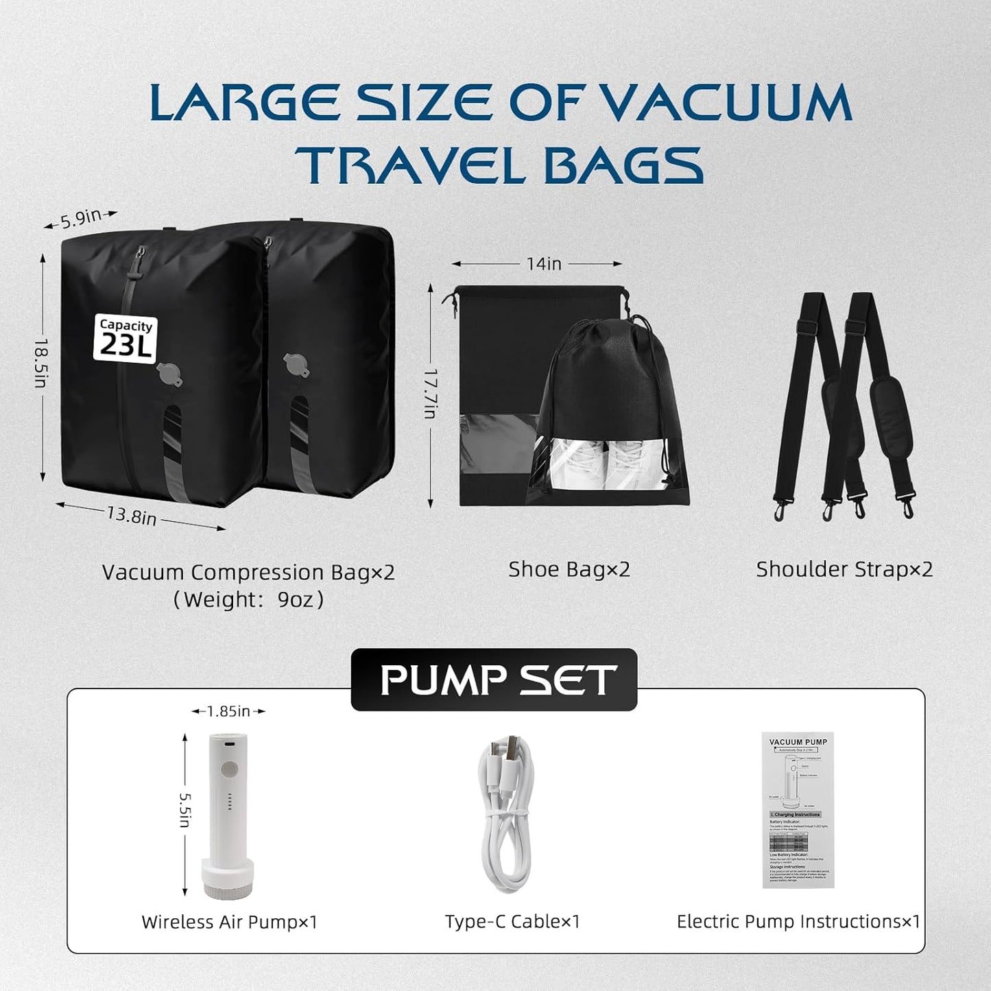Vacuum Travel Bags with Pump,Vacuum Seal Bags for Clothing Travel,Ip67 Waterproof Vacuum Bags for Travel,Compression Packing Cubes with Suitcase, Luggage,Backpack (2Pcs + Pump+Shoe Bags)