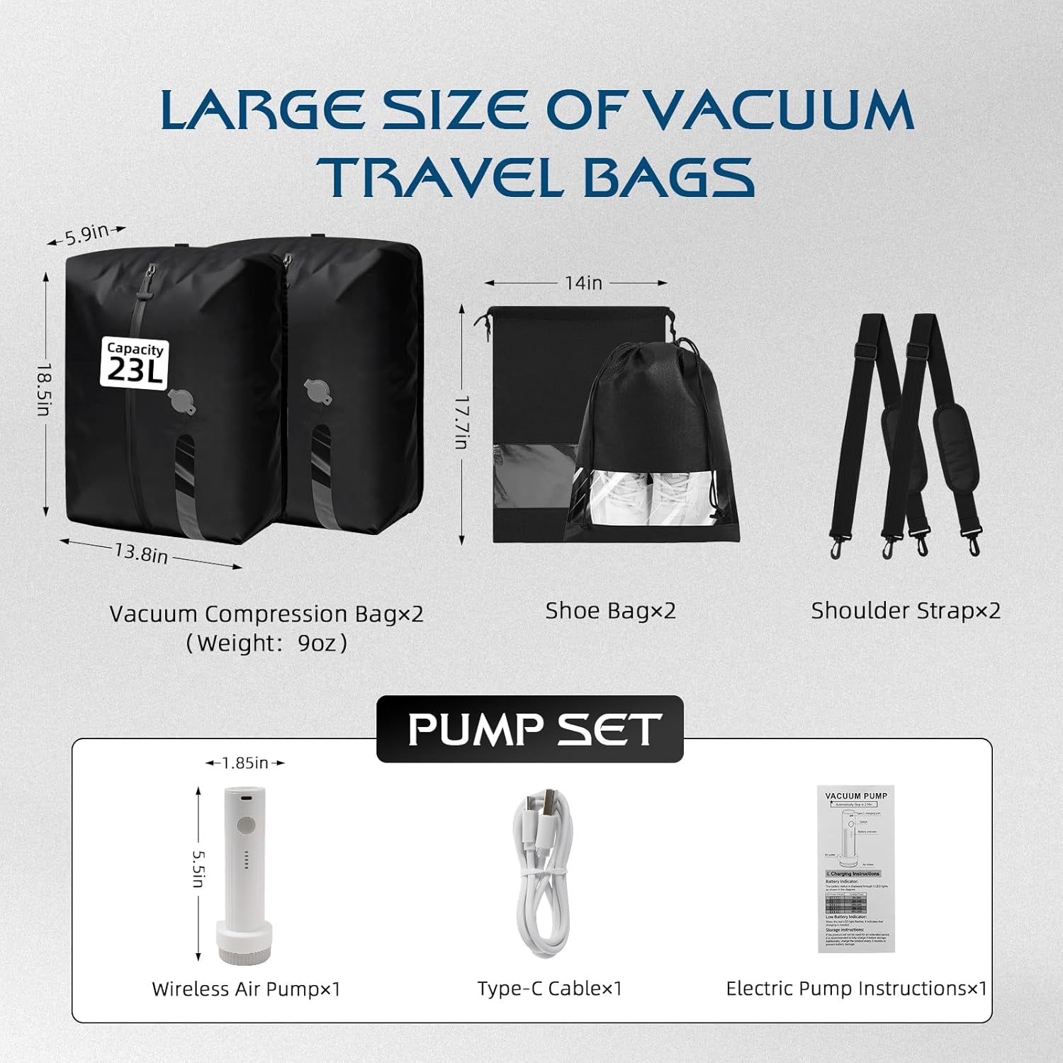 Vacuum Travel Bags with Pump,Vacuum Seal Bags for Clothing Travel,Ip67 Waterproof Vacuum Bags for Travel,Compression Packing Cubes with Suitcase, Luggage,Backpack (2Pcs + Pump+Shoe Bags)
