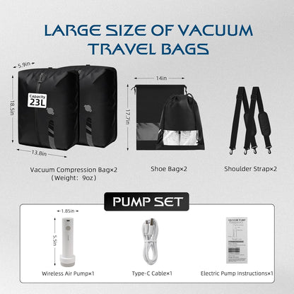 Vacuum Travel Bags with Pump,Vacuum Seal Bags for Clothing Travel,Ip67 Waterproof Vacuum Bags for Travel,Compression Packing Cubes with Suitcase, Luggage,Backpack (2Pcs + Pump+Shoe Bags)