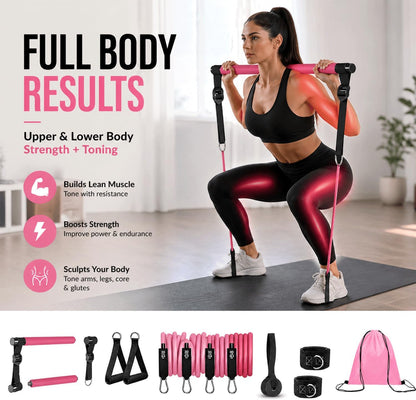 Pilates Bar Kit with Resistance Bands, Pilates Workout Equipment for Home Gym, Adjustable 3-Section Pilates Bar Kit for Women & Men, Ideal Pilates at Home Kit for Full Body Training & Flexibility