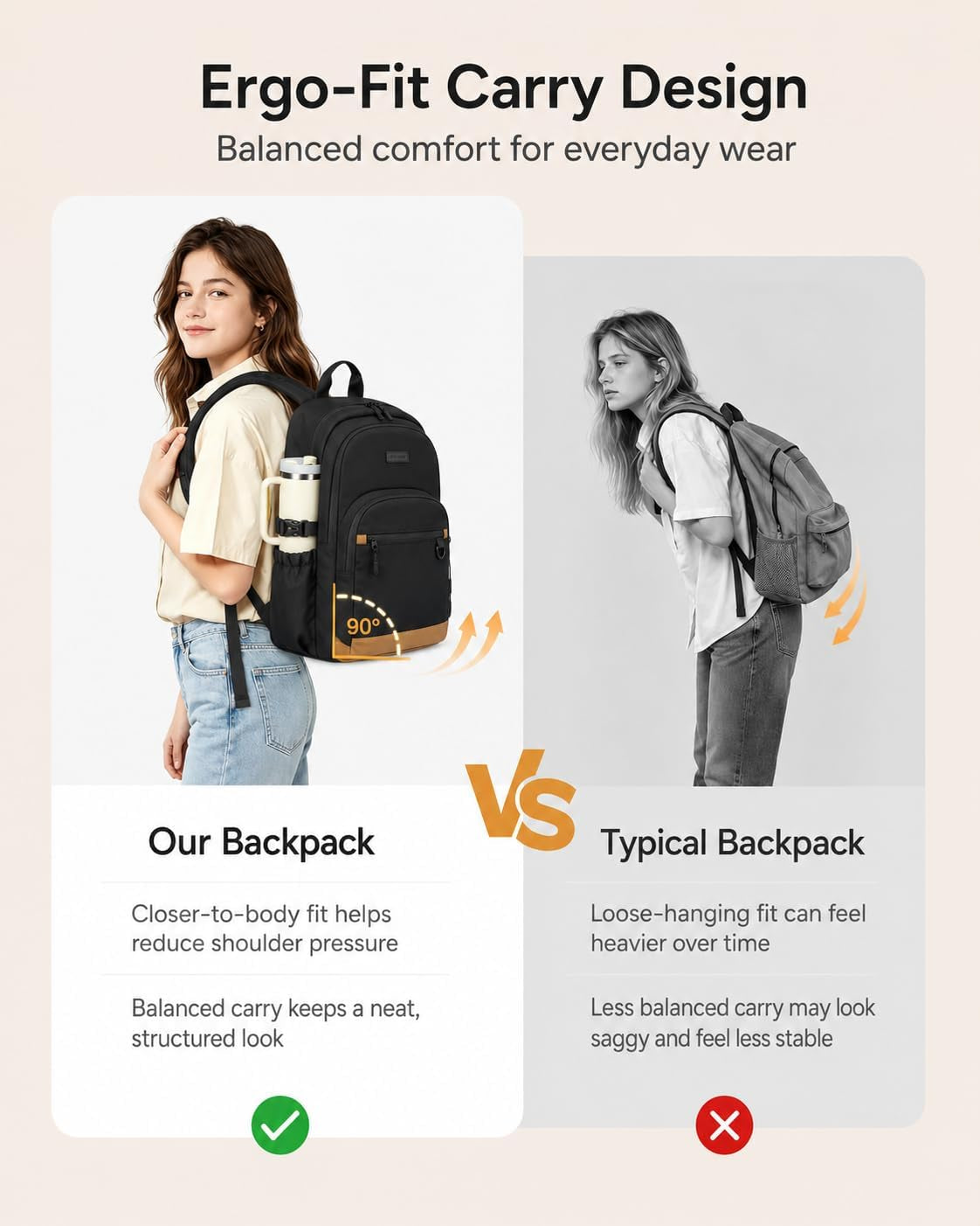 Travel Laptop Backpack, Waterproof Carry on Backpack for Women Men, 15.6 Inch Computer Bag, Large College School Bookbag with Luggage Sleeve, Chest Strap & Water Bottle Pocket