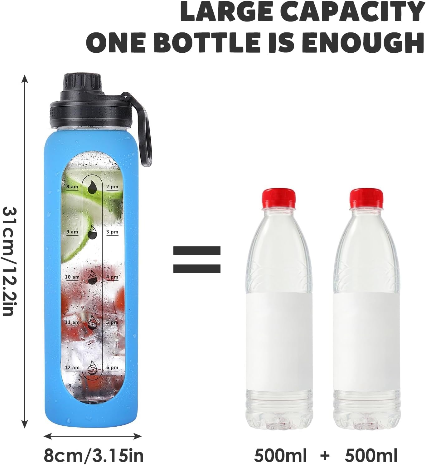 Glass Water Bottles 32Oz with Silicone Sleeve Drinking Hydration Bottles Reusable Borosilicate Wide Mouth Motivational Water Flask Canteen with Time Marker Spout Lid and Brush