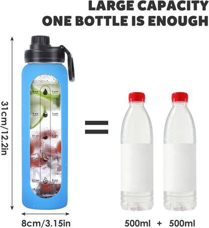 Glass Water Bottles 32Oz with Silicone Sleeve Drinking Hydration Bottles Reusable Borosilicate Wide Mouth Motivational Water Flask Canteen with Time Marker Spout Lid and Brush