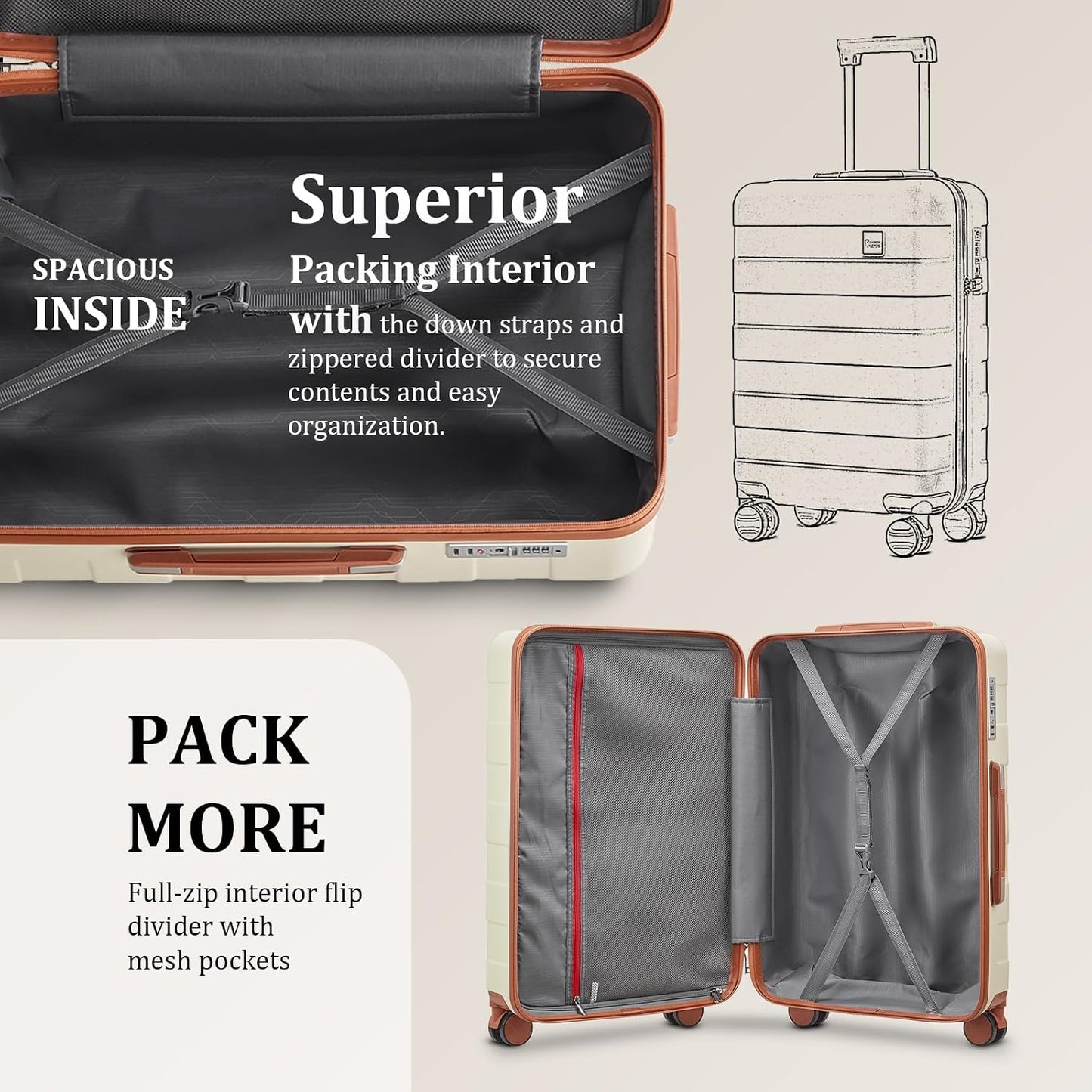 Hard Shell Luggage Sets 5 Piece for Women, Lightweight Hardside Rolling Suitcase Set with Spinner Wheels and TSA Lock, Beige