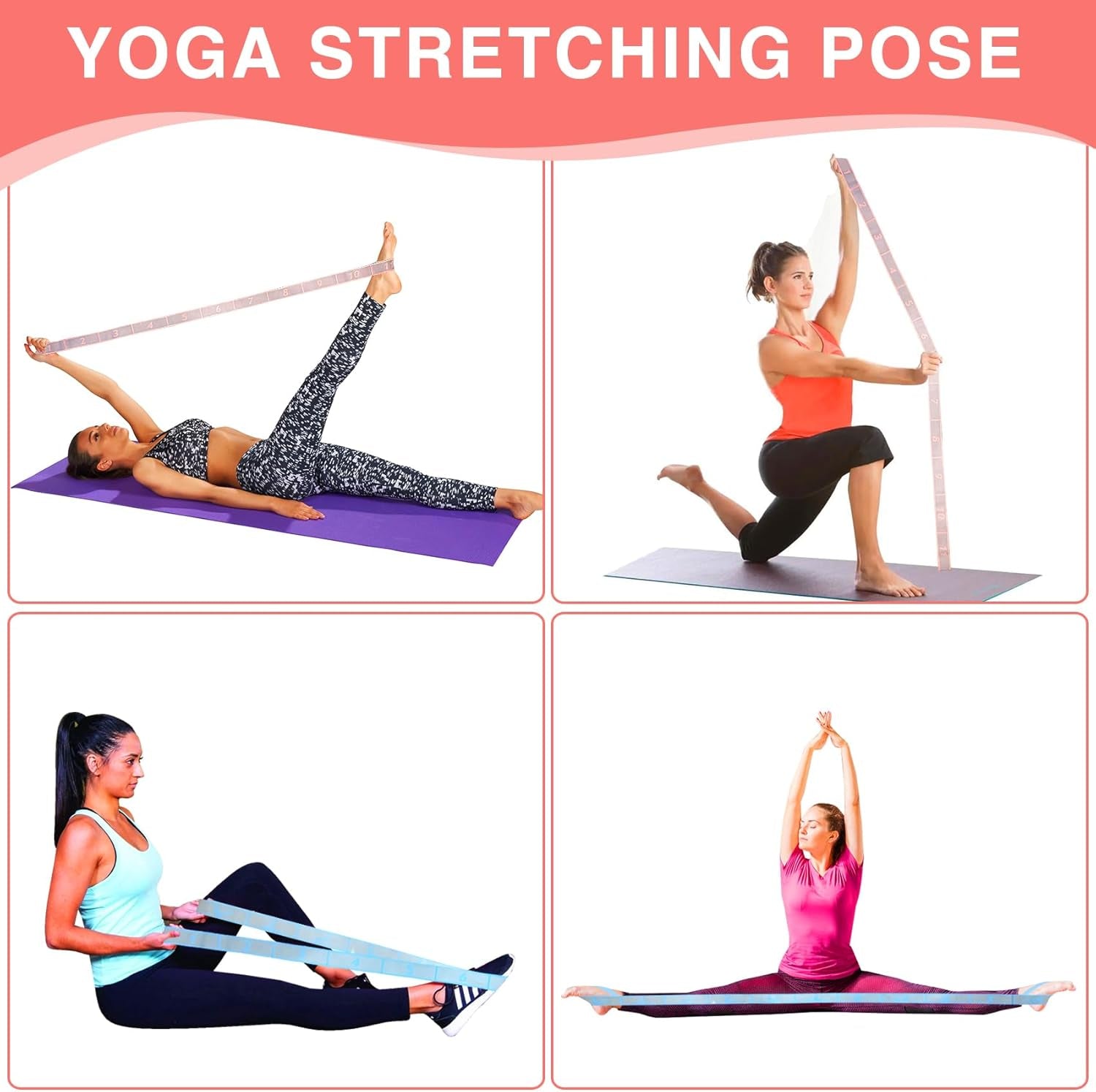 Elastic Yoga Stretching Strap with Loops,  Stretch Straps for Physical Therapy, Pilates Stretch Band, Elastic Exercise Bands, Leg Stretching Strap, Stretch Resistance Bands for Exercise