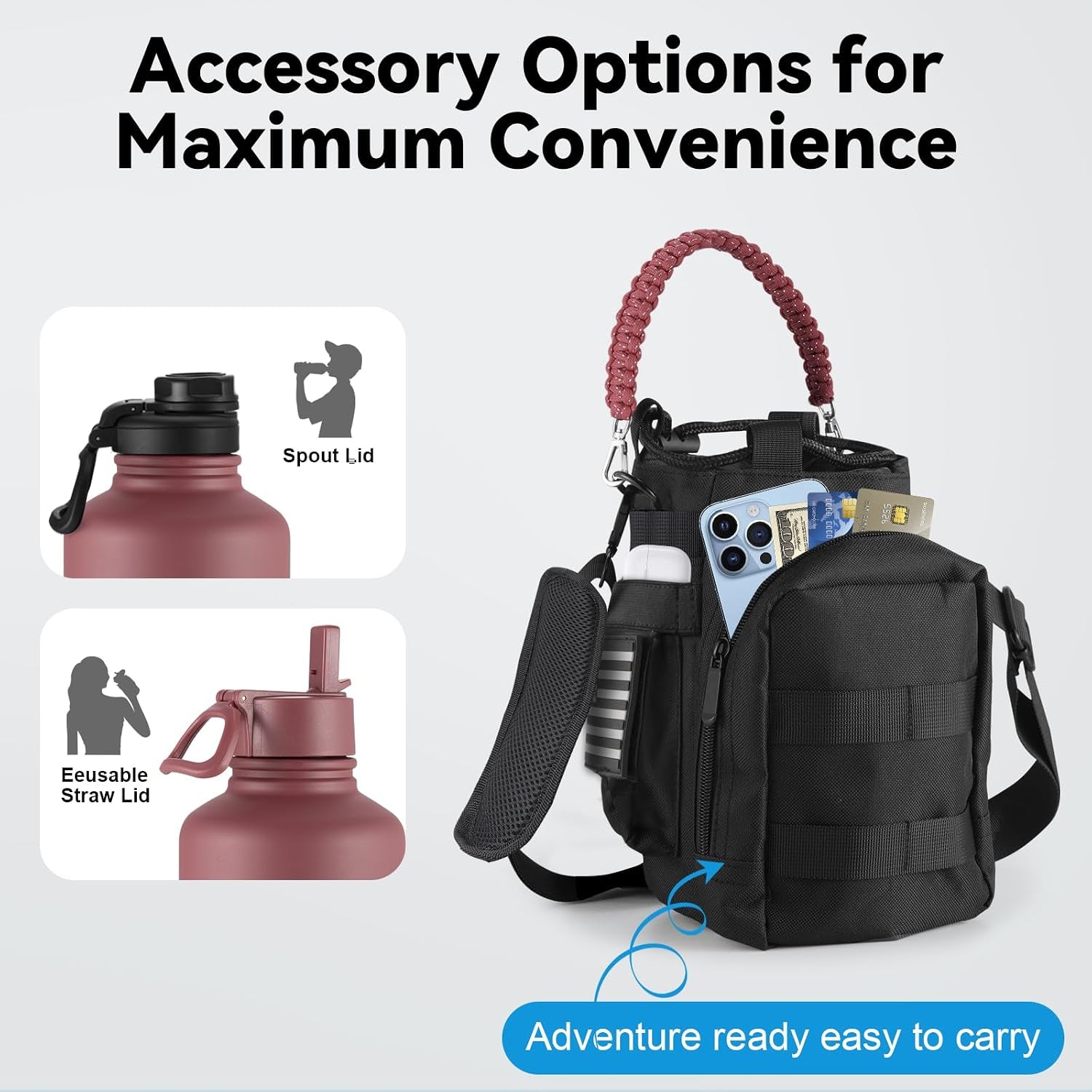 Insulated Water Bottle with Strap, 48-Hour Cold, 2 Lids