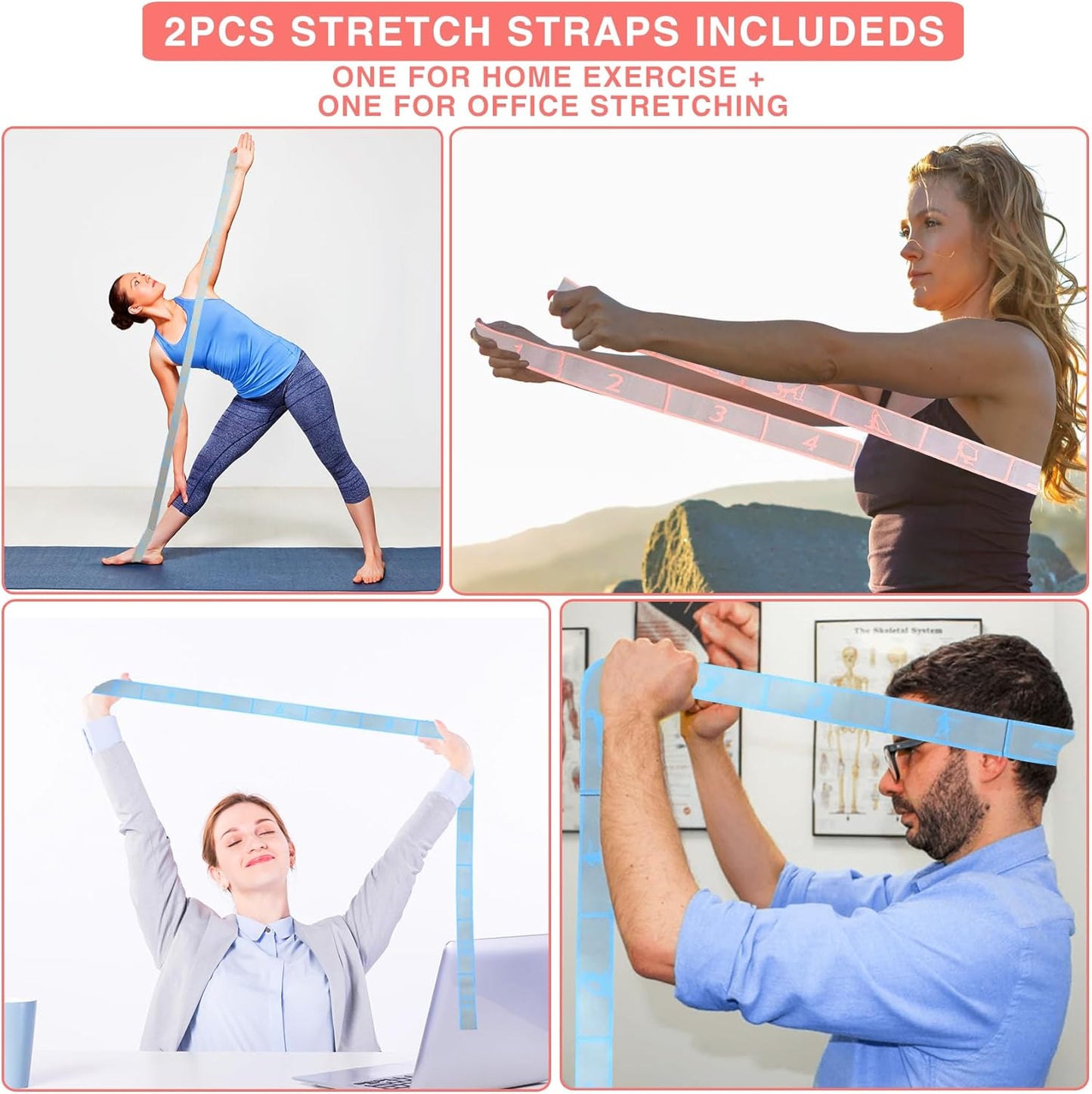Elastic Yoga Stretching Strap with Loops,  Stretch Straps for Physical Therapy, Pilates Stretch Band, Elastic Exercise Bands, Leg Stretching Strap, Stretch Resistance Bands for Exercise