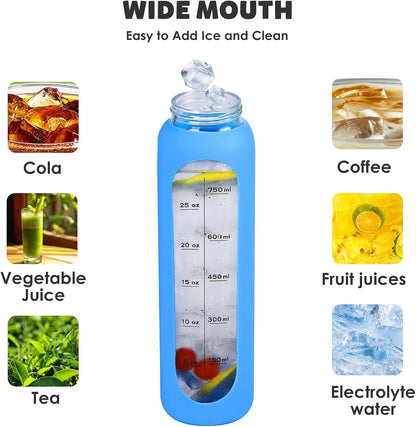 Glass Water Bottles 32Oz with Silicone Sleeve Drinking Hydration Bottles Reusable Borosilicate Wide Mouth Motivational Water Flask Canteen with Time Marker Spout Lid and Brush