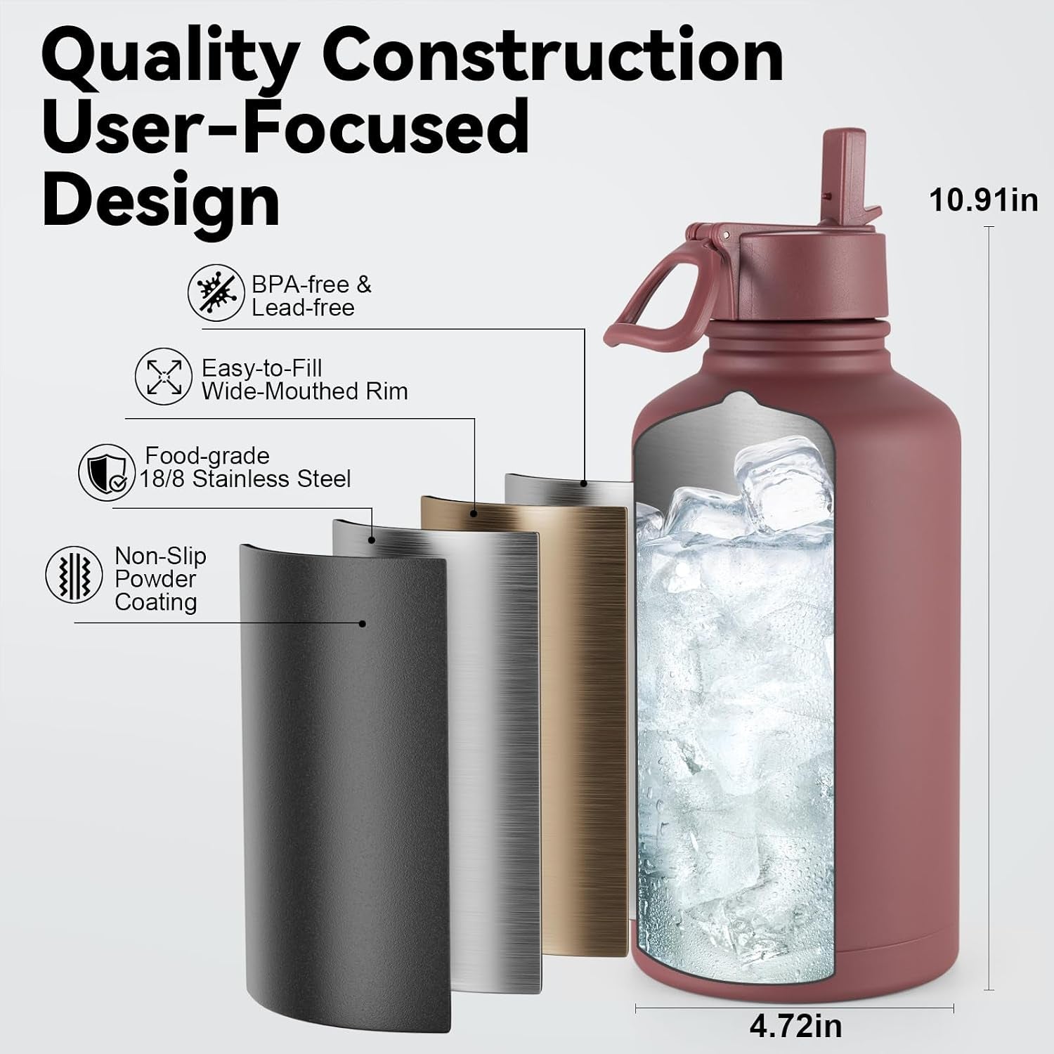 Insulated Water Bottle with Strap, 48-Hour Cold, 2 Lids