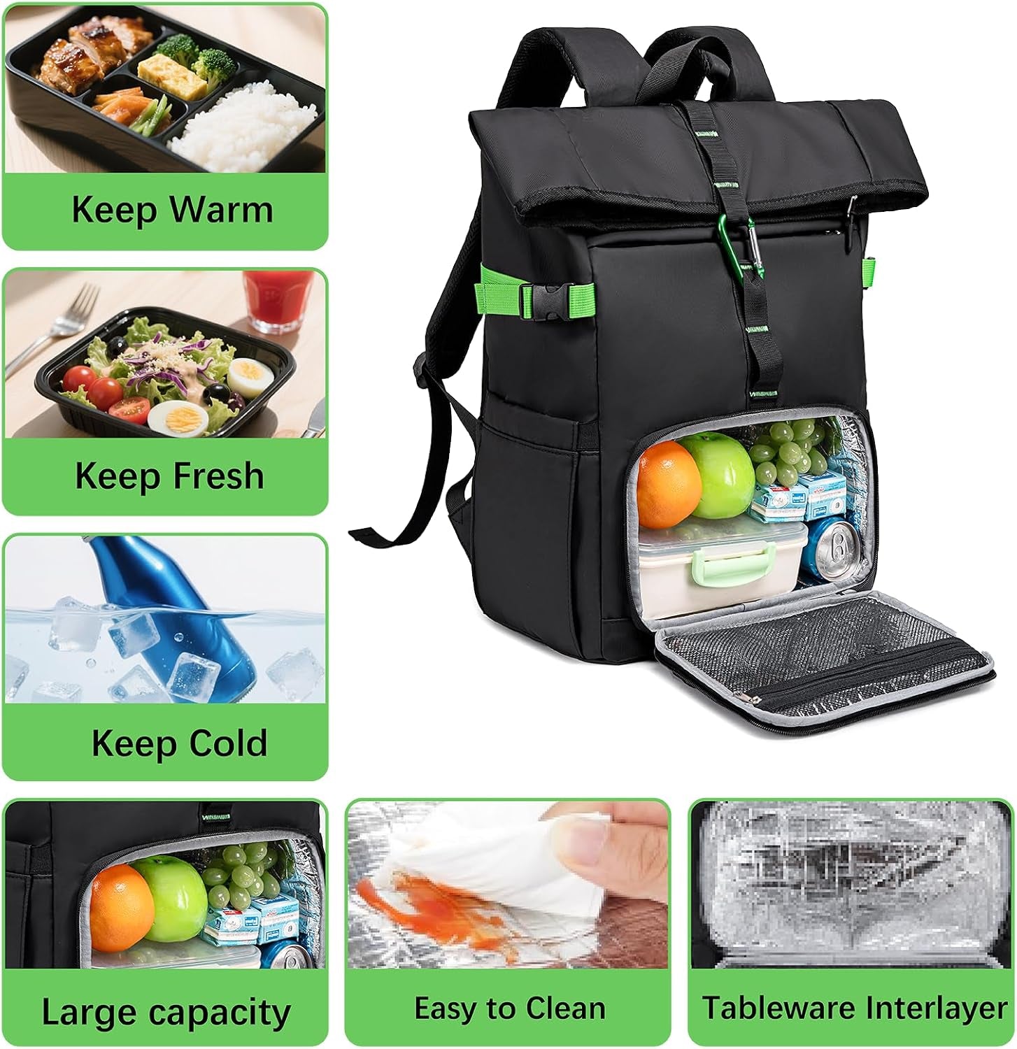 Lunch Backpack for Men Work, Waterproof 15.6 Laptop Backpack with Lunch Box Compartment, Insulated Lunch Bag for Business College Beach Camping Picnics, Womens Gifts Cooler Backpacks, Black