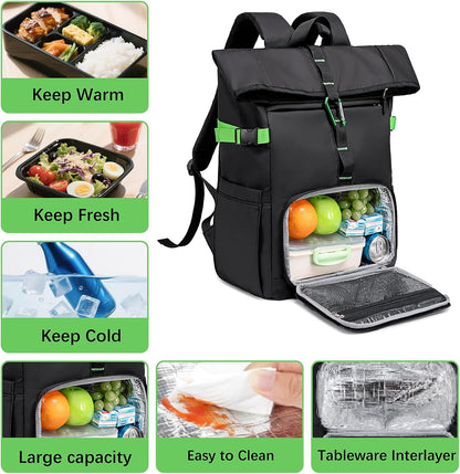 Lunch Backpack for Men Work, Waterproof 15.6 Laptop Backpack with Lunch Box Compartment, Insulated Lunch Bag for Business College Beach Camping Picnics, Womens Gifts Cooler Backpacks, Black