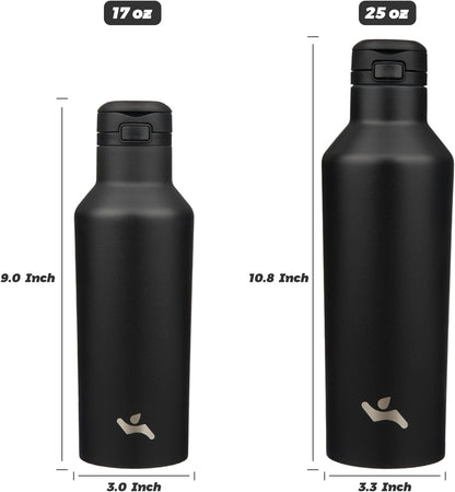 Insulated Water Bottle with Straw,25 OZ Double Wall Vacuum Stainless Steel Water Flask with 2 Lids,Black