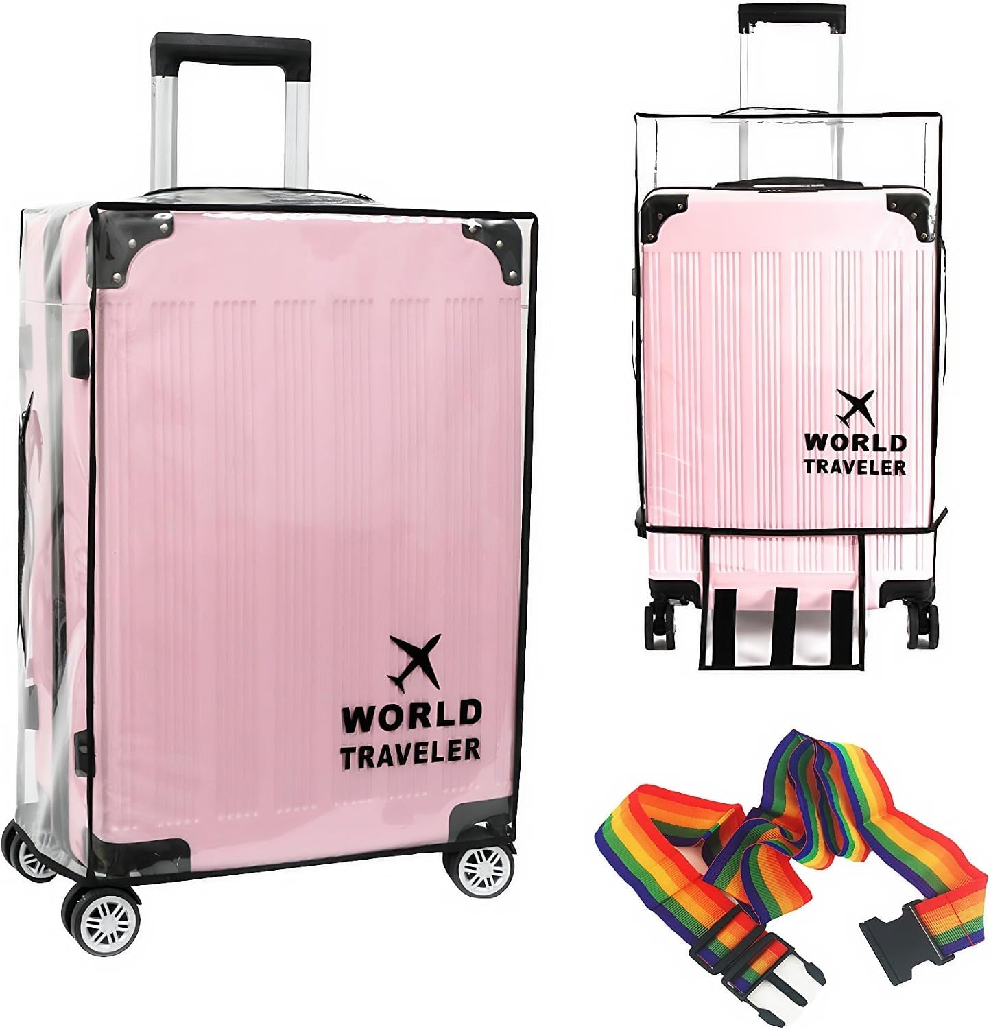 Luggage Cover Heavy-Duty Clear PVC Suitcase Protector with 1 Luggage Strap - Waterproof, Dustproof & Anti-Scratch for Travel, Easy to Fold & Remove (Fits 20-Inch)