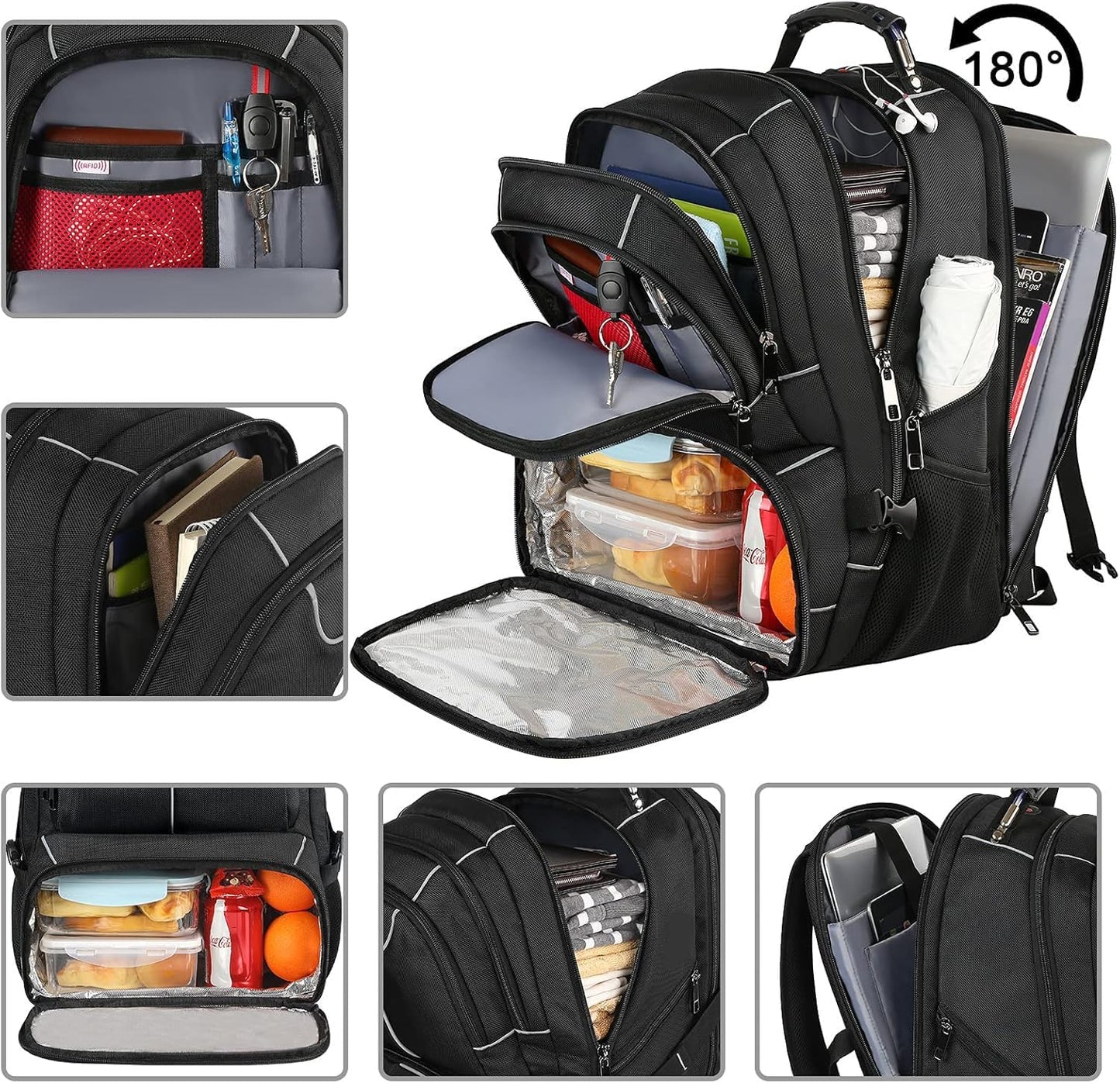 Lunch Bag Backpack, Insulated Cooler Lunch Box Backpack, Extra Large Travel Laptop Backpack TSA Friendly RFID Computer College Bag for Women Men Fits 17.3 Inch Laptop
