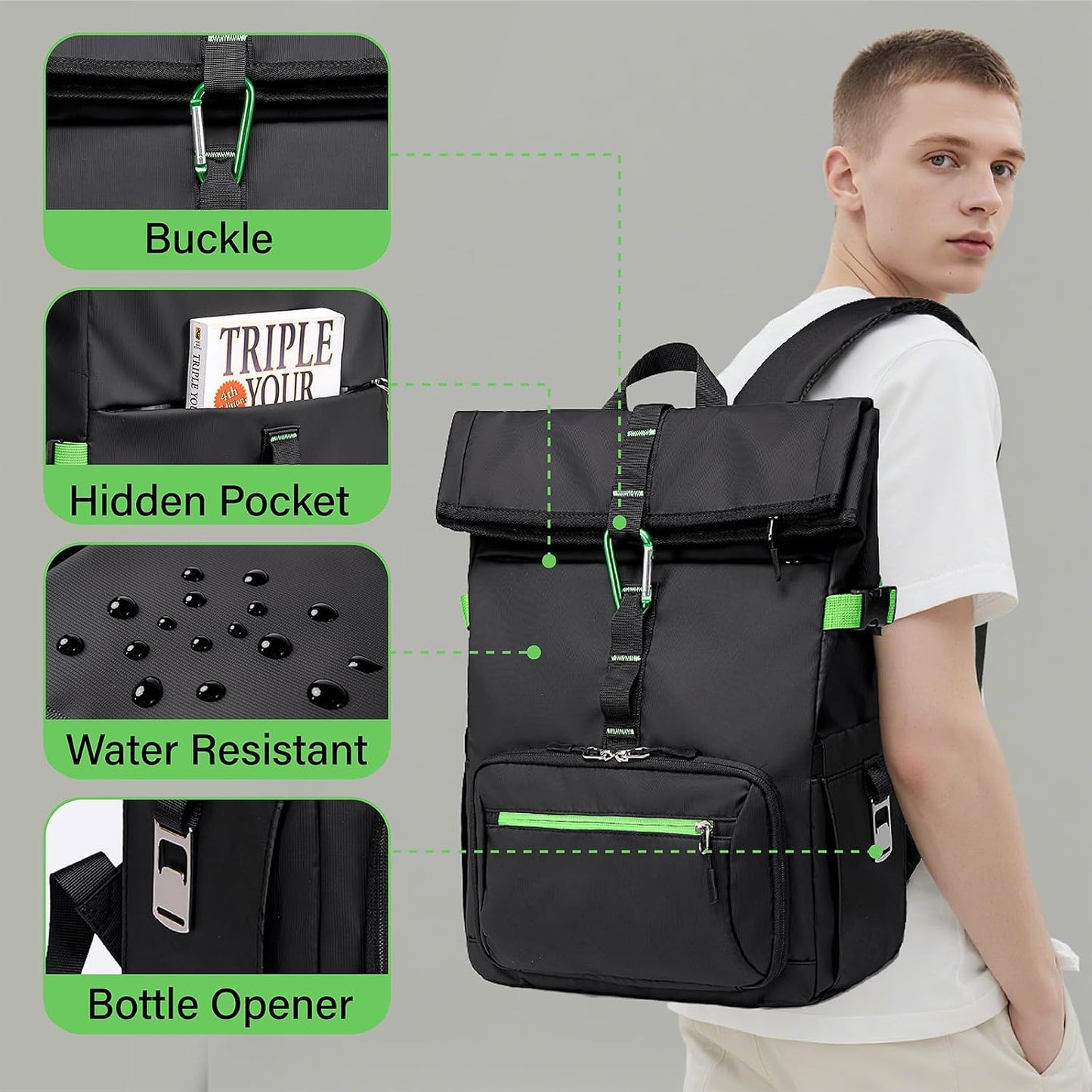 Lunch Backpack for Men Work, Waterproof 15.6 Laptop Backpack with Lunch Box Compartment, Insulated Lunch Bag for Business College Beach Camping Picnics, Womens Gifts Cooler Backpacks, Black