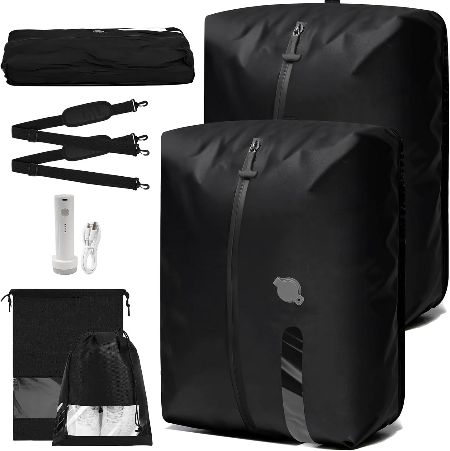 Vacuum Travel Bags with Pump,Vacuum Seal Bags for Clothing Travel,Ip67 Waterproof Vacuum Bags for Travel,Compression Packing Cubes with Suitcase, Luggage,Backpack (2Pcs + Pump+Shoe Bags)