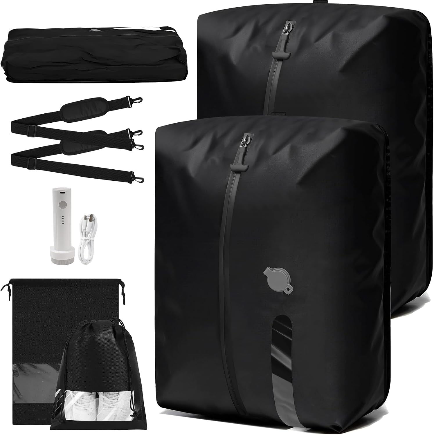 Vacuum Travel Bags with Pump,Vacuum Seal Bags for Clothing Travel,Ip67 Waterproof Vacuum Bags for Travel,Compression Packing Cubes with Suitcase, Luggage,Backpack (2Pcs + Pump+Shoe Bags)