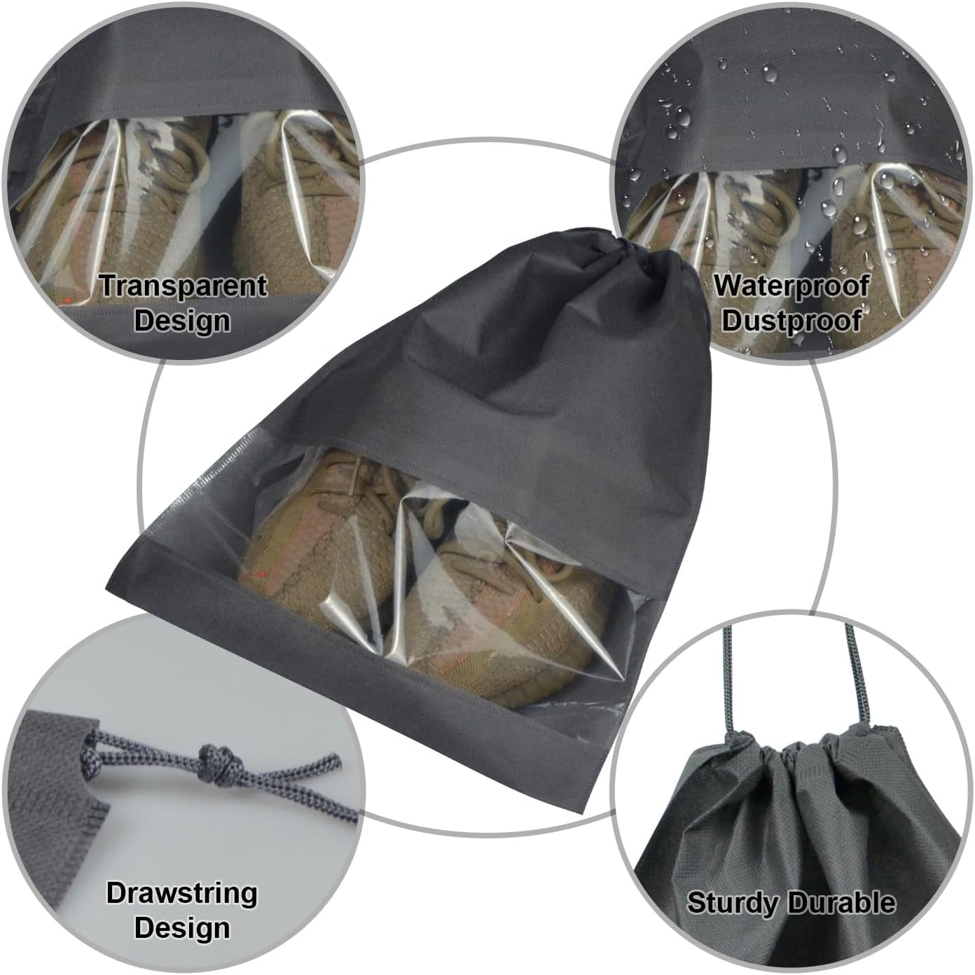5 Pack Shoe Bags for Travel, Drawstring Bag for Men Women, Shoe Storage, Travel Essentials, Organization Accessories (5, Grey)
