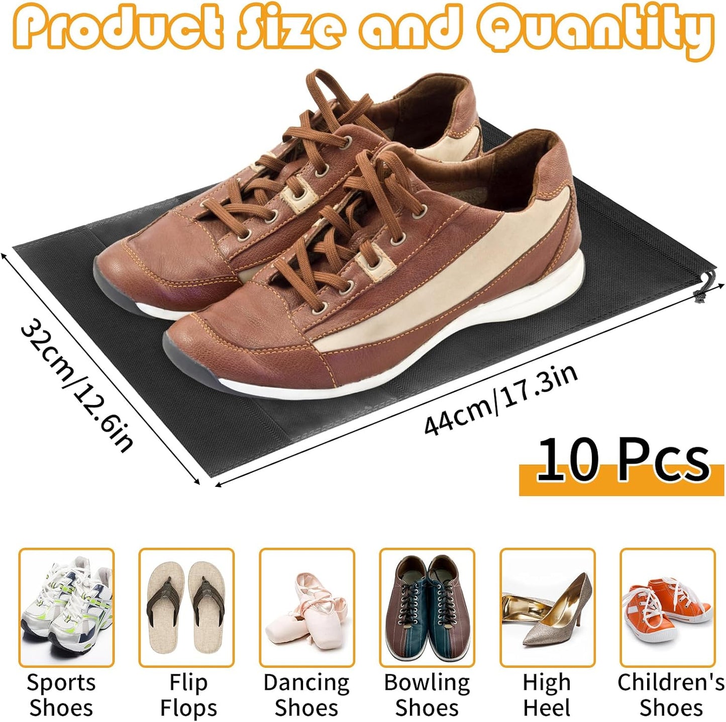 Black Travel Shoe Bags - 10 Pcs Non-Woven Packing Bags with Clear Window