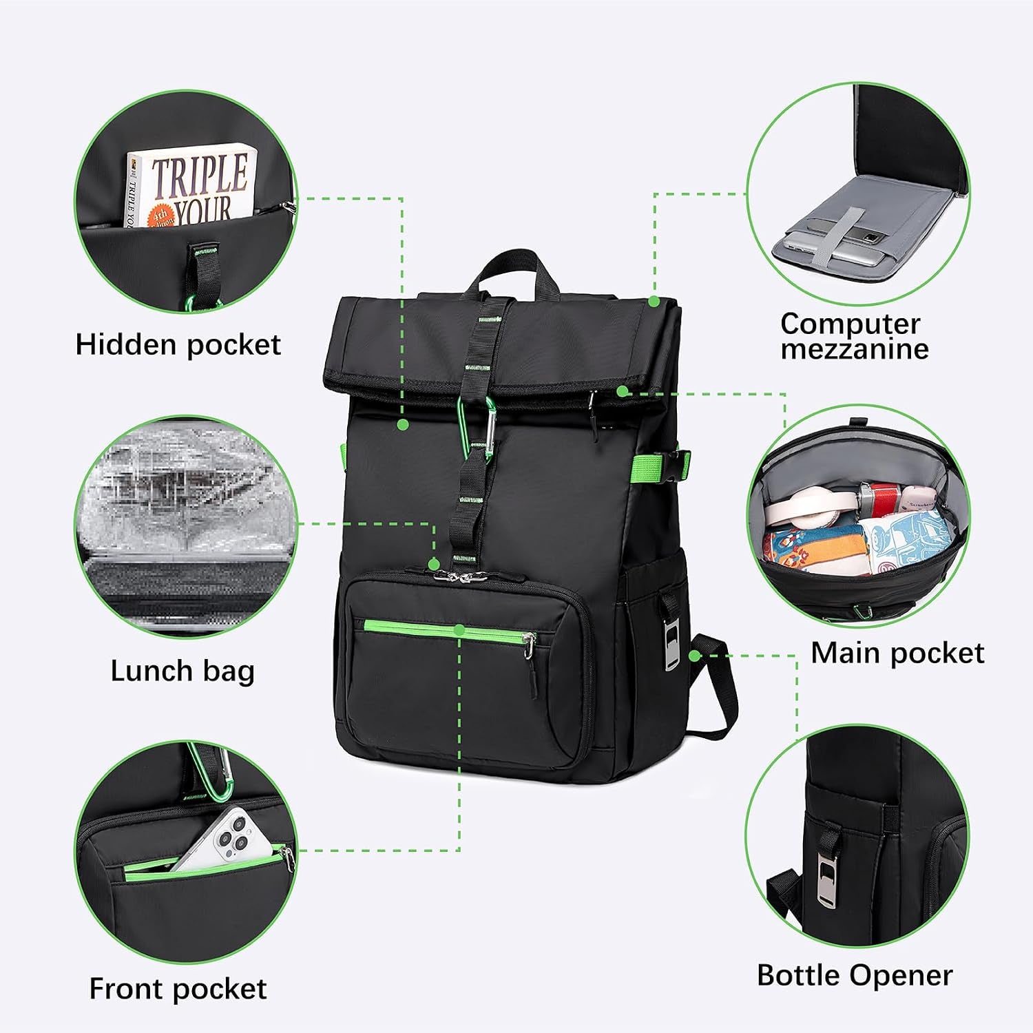 Lunch Backpack for Men Work, Waterproof 15.6 Laptop Backpack with Lunch Box Compartment, Insulated Lunch Bag for Business College Beach Camping Picnics, Womens Gifts Cooler Backpacks, Black