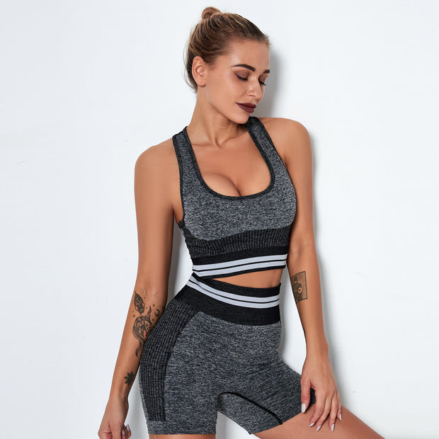 Seamless Knitted Yoga Suit Fitness Sports Suit Quick-drying Striped Bra Shorts Yoga Suit