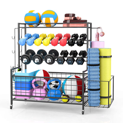 Yoga mat holder, yoga mat storage rack, home gym storage strap hook and wheels black