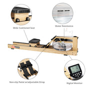 Water Rowing Machine; Oak Wood Water Rower with LCD Monitor Resistance Wooden Rower for Home Use 264 LBS Capacity